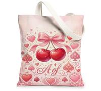 Bolsa de lona con diseño de cerezas para mujer, romántica y juguetona con lazo, San Valentín, melocotón, lavable, reutilizable, estética, ideas para viajes de compras, oficina, biblioteca, casual, 33