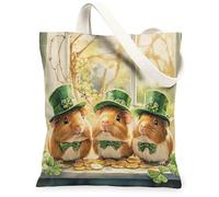 Bolsa de lona con diseño de conejillo de indias del día de San Patricio para ir de compras de 13 x 15 pulgadas, diseño de animales divertidos para ventana, reutilizable, estampado de trébol, pintura