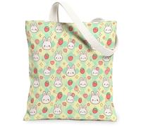 Bolsa de lona con diseño de conejo para mujer, bonita bolsa de compras reutilizable con diseño de corazón de fresa, verde pastel, lavable y reutilizable, verde pastel, 13x15 Inch