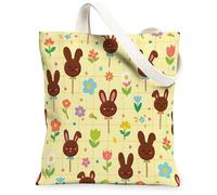 Bolsa de lona con diseño de conejo para mujer, diseño de flores juguetonas de primavera, color amarillo, lavable, reutilizable, estética, ideas para viajes de compras, oficina, biblioteca, casual, 33