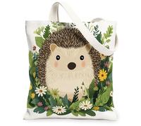 Bolsa de lona con diseño de erizo de primavera para ir de compras, 13 x 15 pulgadas, divertida bolsa de estampado de plantas y flores y animales, reutilizable, para mujer, bonita hoja botánica