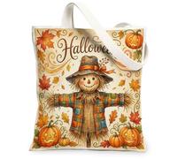Bolsa de lona con diseño de espantapájaros, calabazas, hojas, Halloween, naranja, bolsas de compras de 13 x 15 pulgadas, Naranja, 13x15 Inch