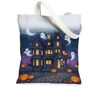 Bolsa de lona con diseño de esqueleto, calabazas fantasmas espeluznantes y juguetonas, bolsas de compras violetas de Halloween, 13 x 15 pulgadas, Púrpura, 13x15 Inch