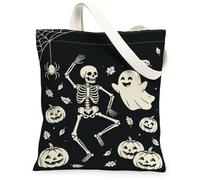 Bolsa de lona con diseño de esqueleto, fantasmas juguetones, calabazas, Halloween, color negro, pequeña, 33 x 38 cm, Negro, 13x15 Inch