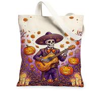 Bolsa de lona con diseño de esqueleto para mujer, calabazas festivas y fantásticas, guitarra, Halloween, violeta, bolsas pequeñas para compras, brunch, parque, biblioteca, excursiones, 13 x 15