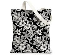 Bolsa de lona con diseño de estrella de mar para mujer, diseño de hojas de flores tropicales, botánicas, verano, color negro, lavable, reutilizable, ideas para compras, viajes, oficina, biblioteca