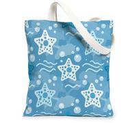 Bolsa de lona con diseño de estrella de mar para mujer, verano, playa, burbujas, olas, verano, azul, lavable, reutilizable, ideas para familiares, amigos, colegas, lectura, amor, 13 x 15 pulgadas