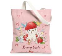 Bolsa de lona con diseño de fresa para mujer, lindo gato juguetón, conejo, primavera, melocotón, lavable, reutilizable, bolsa de mercado, ideas para familiares, amigos, colegas, lectura, amor, 13 x 15