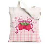 Bolsa de lona con diseño de fresas para mujer, diseño de corazones y lazo primaveral, lavable, reutilizable, estética, ideas para compras, viajes, oficina, biblioteca, casual, 33 x 38 cm