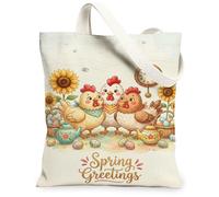 Bolsa de lona con diseño de gallinas para mujer, diseño de girasol, huevos de Pascua, color amarillo primavera, lavable, reutilizable, pequeña, ideas para viajes, trabajo, compras, librería, 13 x 15