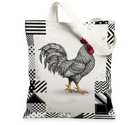 Bolsa de lona con diseño de gallo para mujer, diseño moderno de rayas geométricas, ninguno negro, lavable, reutilizable, ideal para viajes, trabajo, compras, librería, 13 x 15 pulgadas