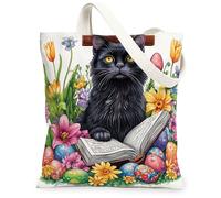 Bolsa de lona con diseño de gato Bombay de primavera, Pascua, para compras, 13 x 15 pulgadas, huevos de campo, flores, gatito, bolsa de comestibles reutilizable para mujeres, divertida pintura