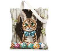 Bolsa de lona con diseño de gato Bombay de primavera y Pascua, 13 x 15 pulgadas, divertida bolsa de lona con estampado de huevos rústicos para mujeres, bolsa de regalo de pintura estética de playa de