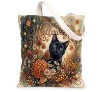 Bolsa de lona con diseño de gato, diseño de flores, hojas de Halloween, color negro, para uso diario, 13 x 15 pulgadas, Negro, 13x15 Inch