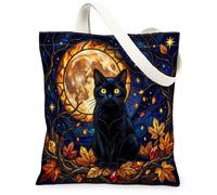 Bolsa de lona con diseño de gato, diseño de hojas de luna de otoño, Halloween, color negro, 13 x 15 pulgadas, Negro, 13x15 Inch