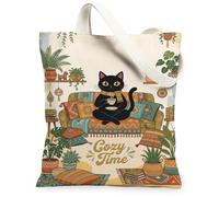 Bolsa de lona con diseño de gato para mujer, acogedora, bohemia, para sofá, plantas, otoño, cálida, lavable, reutilizable, ideas para familiares, amigos, colegas, lectura, amor, 13 x 15 pulgadas