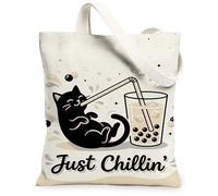 Bolsa de lona con diseño de gato para mujer, casual, juguetón, con pajilla de té de burbujas, para verano, color negro, lavable, reutilizable, ideas de bolsa de mercado para Shoppin, Negro, 13x15 Inch