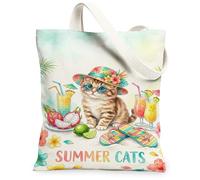 Bolsa de lona con diseño de gato para mujer, chanclas de cóctel tropical de verano, pastel, lavable, reutilizable, estética, para talla S, Pastel, 13x15 Inch