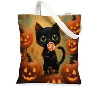 Bolsa de lona con diseño de gato para mujer, diseño de calabaza, piruleta, Halloween, naranja, lavable, reutilizable, ideal para ir de compras, viajes, oficina, biblioteca, casual, 33 x 38 cm