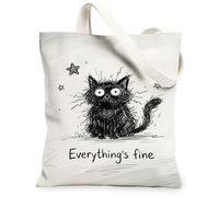 Bolsa de lona con diseño de gato para mujer, diseño de estrellas, líneas de estrellas, color negro, lavable, reutilizable, ideas para compras, viajes, oficina, biblioteca, casual, 33 x 38 cm