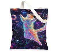 Bolsa de lona con diseño de gato para mujer, diseño de estrellas y burbujas coloridas, multicolor, lavable, reutilizable, ideal para uso diario, Varios colores, 13x15 Inch