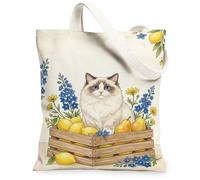 Bolsa de lona con diseño de gato para mujer, diseño de flores de limón, color amarillo, lavable, reutilizable, ideas para viajes de compras, oficina, biblioteca, casual, 13 x 15 pulgadas