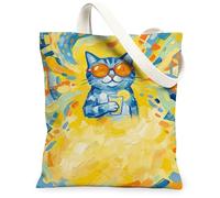 Bolsa de lona con diseño de gato para mujer, gafas de sol juguetonas de verano, limonada, amarillo, lavable, reutilizable, para compras, brunch, parque, biblioteca, excursiones, 13 x 15 pulgadas