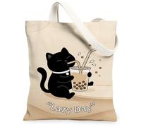 Bolsa de lona con diseño de gato para mujer, lindas pajitas divertidas de verano, color negro, lavable, reutilizable, estética, ideas para familiares, amigos, colegas, lectura, amor, 13 x 15 pulgadas