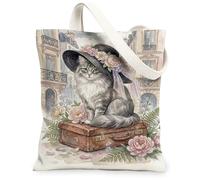 Bolsa de lona con diseño de gato para mujer, sombrero vintage con flores, primavera, pastel, lavable, reutilizable, ideas para viajes, trabajo, compras, librería, 13 x 15 pulgadas