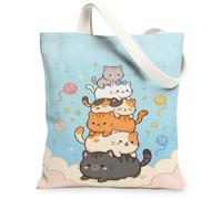 Bolsa de lona con diseño de gatos para mujer, diseño de estrellas, color azul, lavable, reutilizable, ideal para compras, viajes, oficina, biblioteca, casual, 33 x 38 cm
