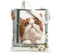 Bolsa de lona con diseño de gatos persas de pelo corto para ir de compras de 13 x 15 pulgadas, divertida bolsa de comestibles reutilizable con ventanas florales para mujeres, mascotas, trabajo, viajes