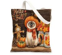 Bolsa de lona con diseño de gatos siameses de otoño para compras, 13 x 15 pulgadas, bonita bolsa de hombro reutilizable de madera para mujer, decoración de regalo de pintura de otoño