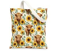 Bolsa de lona con diseño de girasol para mujer, diseño rústico de hojas de vaca de las tierras altas, color amarillo, lavable, reutilizable, ideal para viajes al aire libre, trabajo, lectura, 13 x 15