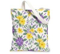 Bolsa de lona con diseño de girasol para mujer, primavera, floral, violeta, hoja, primavera, amarillo, lavable, reutilizable, ideal para viajes, trabajo, compras, librería, 13 x 15 pulgadas