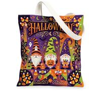 Bolsa de lona con diseño de gnomo, calabazas festivas, caramelos, Halloween, violeta, para uso diario, 33 x 38 cm