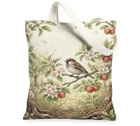 Bolsa de lona con diseño de gorrión, flores ilustrativas de la naturaleza, manzanas, primavera, verde, bolsa de mano de 13 x 15 pulgadas, Verde, 13x15 Inch