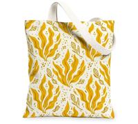 Bolsa de lona con diseño de hojas para mujer, diseño de ondas bohemias de verano, amarillo, lavable, reutilizable, ideal para viajes, trabajo, compras, librería, 13 x 15 pulgadas