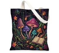 Bolsa de lona con diseño de hongos para mujer, diseño de hojas de fantasía para otoño, color violeta, ideas para viajes, trabajo, compras, librería, 13 x 15 pulgadas