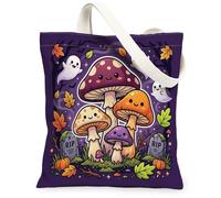 Bolsa de lona con diseño de hongos para mujer, fantasmas juguetones, lápidas, otoño, violeta, bolsas de comestibles, ideas para familiares, amigos, colegas, lectura, amor, 13 x 15 pulgadas