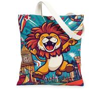 Bolsa de lona con diseño de león para mujer, diseño de dibujos animados de Big Ben, color amarillo, lavable, reutilizable, para ir de compras, Amarillo, 13x15 Inch