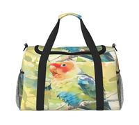 Bolsa de lona con diseño de loros en ramas de acuarela para viajes y gimnasio, bolsa de fin de semana de sarga resistente al agua con correa ajustable para hombres y mujeres