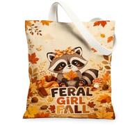Bolsa de lona con diseño de mapache, hojas juguetonas y hongos, color naranja otoñal, bolsas pequeñas de 13 x 15 pulgadas, Anaranjado, 13x15 Inch