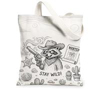 Bolsa de lona con diseño de mapache para mujer, diseño de cactus de dibujos animados occidentales, no se quiere, color negro, lavable, reutilizable, ideas para el viaje, Negro, 13x15 Inch