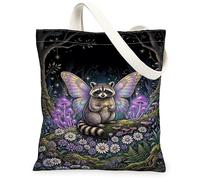 Bolsa de lona con diseño de mapache para mujer, fantasía, mariposa, hongos, ninguno violeta, lavable, reutilizable, con gráfico, ideas para viajes de compras, oficina, biblioteca, casual, 33 x 38 cm