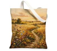 Bolsa de lona con diseño de mariposa, camino de flores artísticas de verano, bolsas de comestibles amarillas de 13 x 15 pulgadas, Amarillo, 13x15 Inch