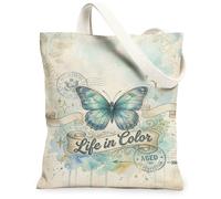 Bolsa de lona con diseño de mariposa para mujer, diseño de estrellas artísticas vintage, color azul primavera, lavable, reutilizable, bolsa estética, ideas para viajes, trabajo, compras, librería, 13