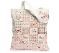 Bolsa de lona con diseño de mariposa para mujer, diseño de flores románticas, primavera, melocotón, lavable, reutilizable, bolsa de mercado, ideas para familiares, amigos, colegas, lectura, amor, 13 x