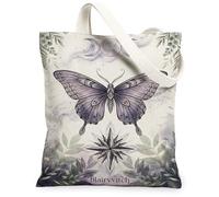 Bolsa de lona con diseño de mariposa para mujer, diseño de luna bohemia mística, floral, otoño, violeta, lavable, reutilizable, bolsa de mercado para Shoppi, Violeta, 13x15 Inch