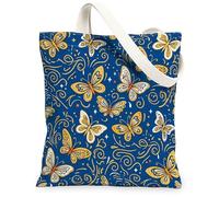 Bolsa de lona con diseño de mariposa para mujer, diseño de lunares, color azul, lavable, reutilizable, ideas para compras, viajes, oficina, biblioteca, casual, 13 x 15 pulgadas