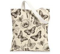 Bolsa de lona con diseño de mariposa para mujer, diseño vintage de flores, abeja, primavera, beige, lavable, reutilizable, pequeña bolsa de mano ideas para exteriores, Beige, 13x15 Inch